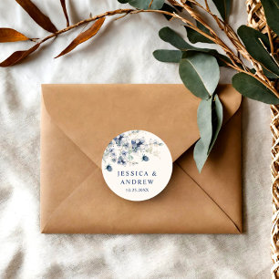 Elegant Dusty Blue Winter Foliage Boho Wedding Classic Round Sticker