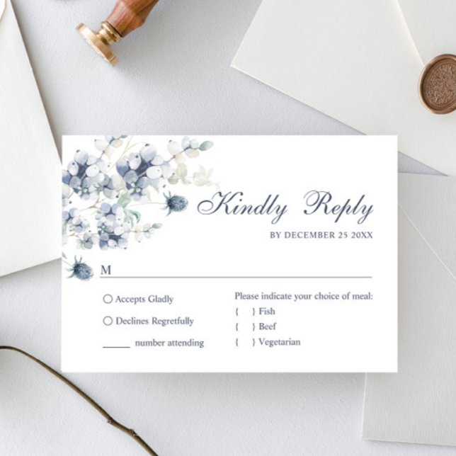 Elegant Dusty Blue Winter Foliage Wedding RSVP Card (Creator Uploaded)