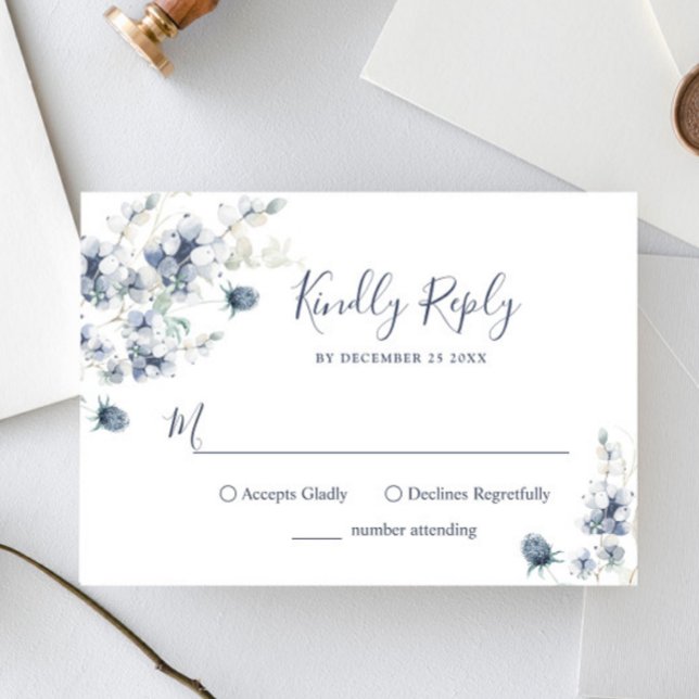Elegant Dusty Blue Winter Foliage Wedding RSVP Card (Creator Uploaded)
