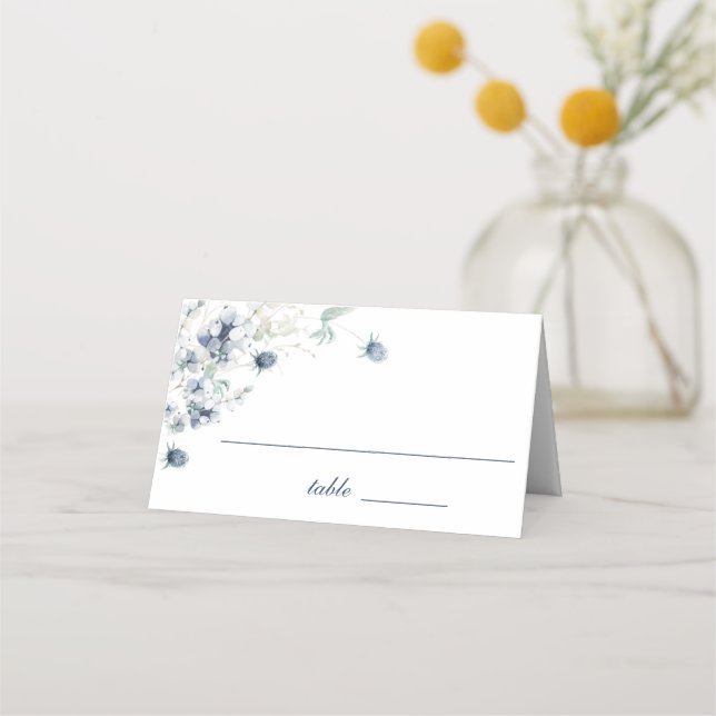 Elegant Dusty Blue Winter Foliage Wedding Table Place Card (Front)