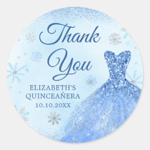 Elegant Dusty Blue Winter Snowflake Quinceañera Classic Round Sticker