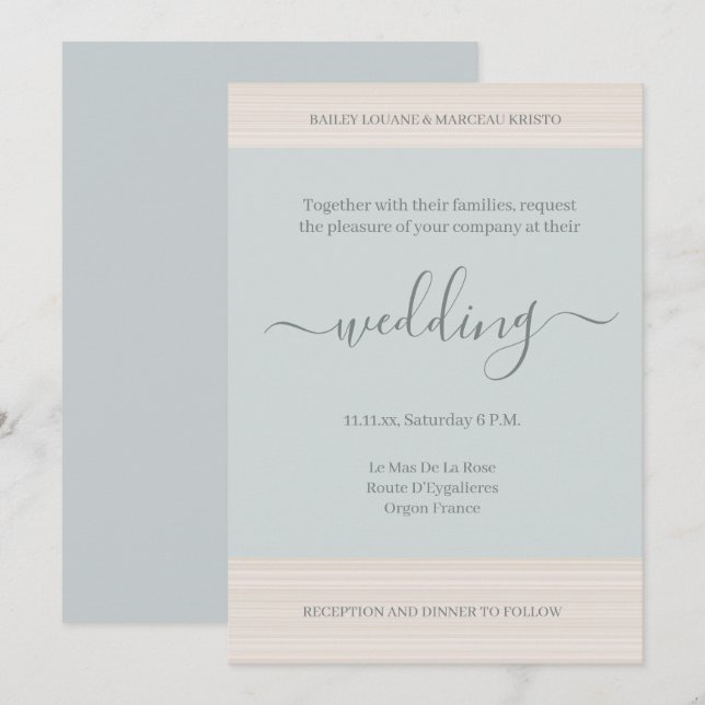 Elegant Dusty Blue WoodGrain Stripes Chic Wedding Invitation (Front/Back)