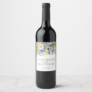 Elegant Dusty Blue Yellow Wildflowers Boho Wedding Wine Label