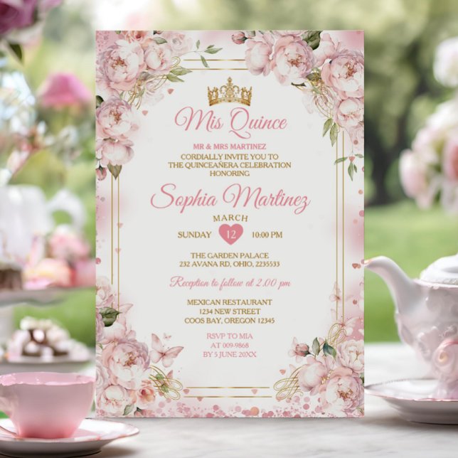 Elegant Dusty Blush Pink Flowers Gold Mis Quince Invitation (Creator Uploaded)