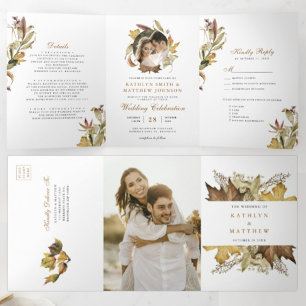 Elegant Dusty Brown Autumn Foliage Fall Wedding Tri-Fold Invitation