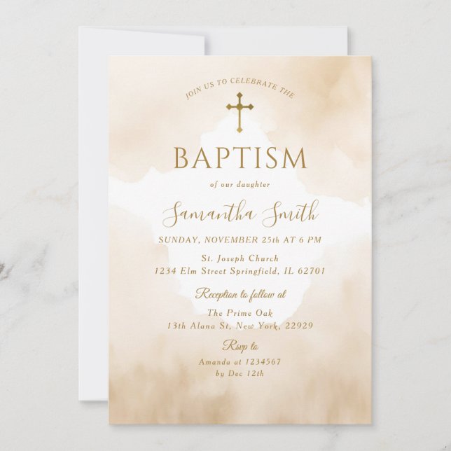 Elegant Dusty Brown Watercolor Gold Cross Baptism Invitation (Front)