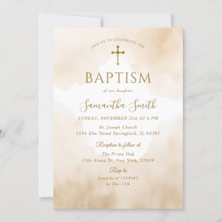 Elegant Dusty Brown Watercolor Gold Cross Baptism Invitation