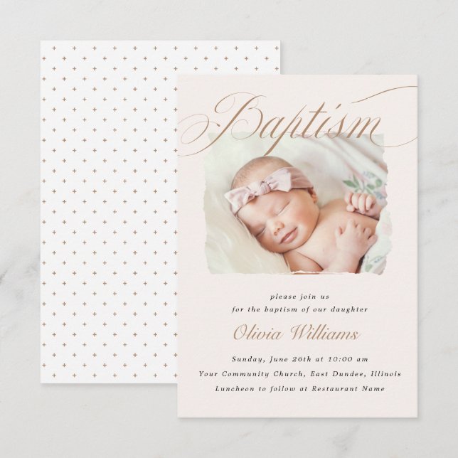 Elegant Dusty Cream Scallops Christening Baptism   Invitation (Front/Back)