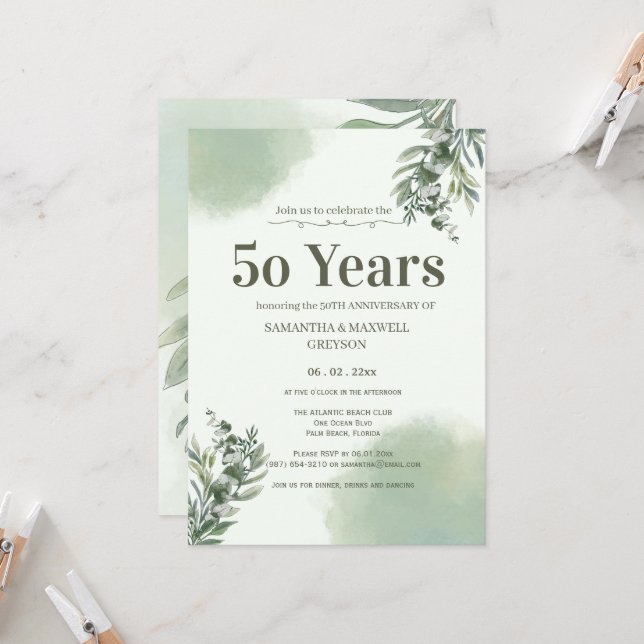 Elegant Dusty Green Script Wedding Anniversary  Invitation (Front/Back In Situ)
