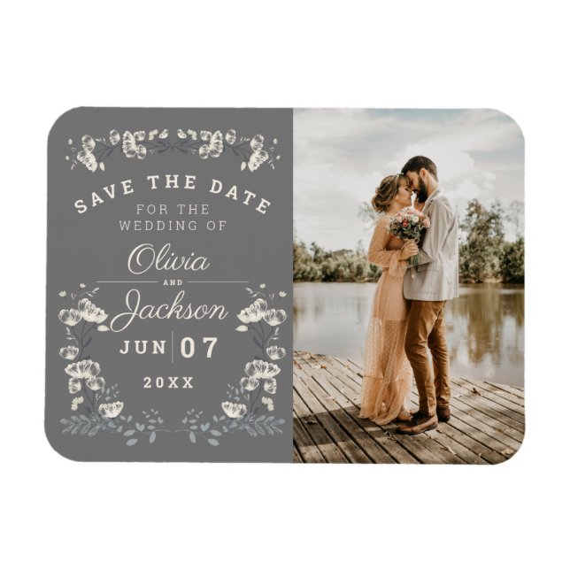 Elegant dusty grey & white floral save the date in magnet (Horizontal)