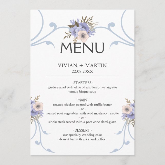 Elegant dusty light blue and purple wedding menu (Front)