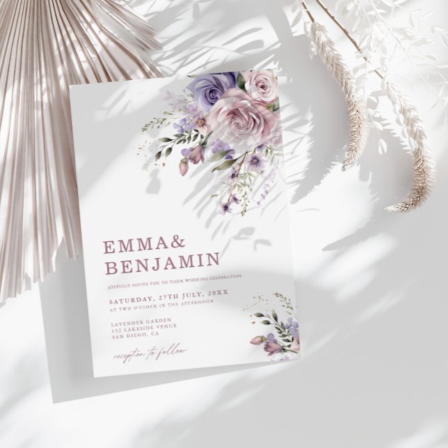 Elegant Dusty Mauve & Lavender Wedding Floral Invitation (Creator Uploaded)
