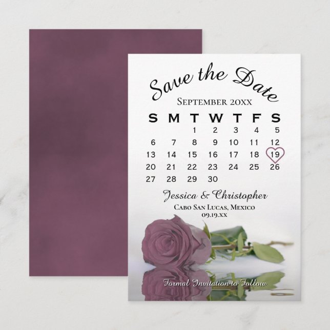 Elegant Dusty Mauve Pink Rose Wedding Calendar Save The Date (Front/Back)