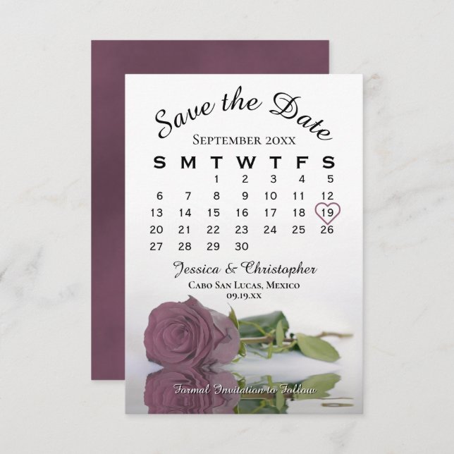 Elegant Dusty Mauve Pink Rose Wedding Calendar Save The Date (Front/Back)