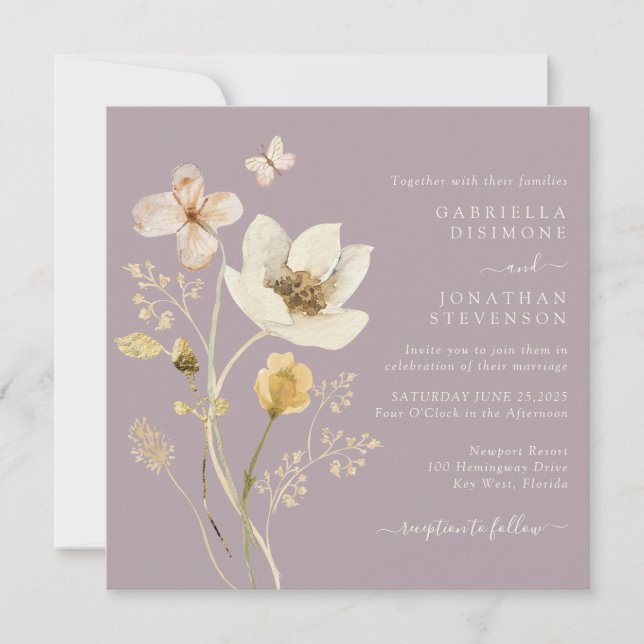 Elegant Dusty Mauve Watercolor Wildflowers Wedding Invitation (Front)