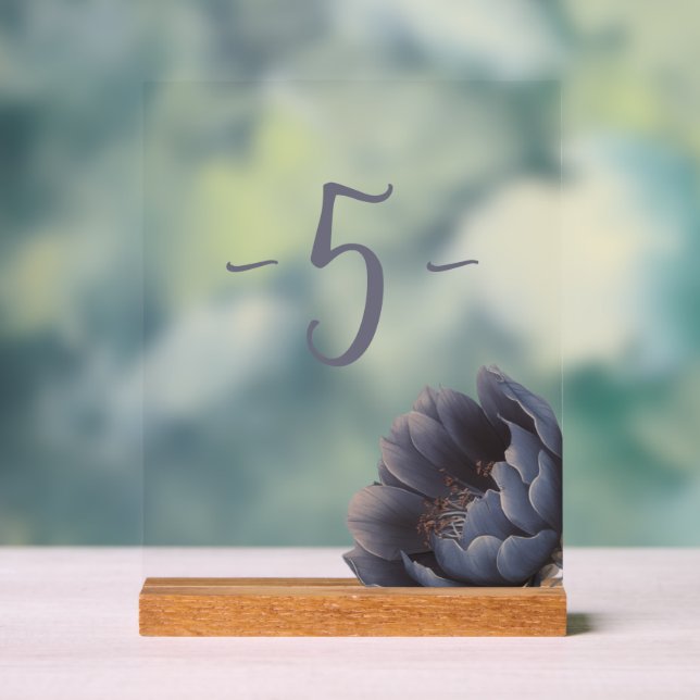 Elegant dusty navy blue flower table number acrylic sign (Neutral)
