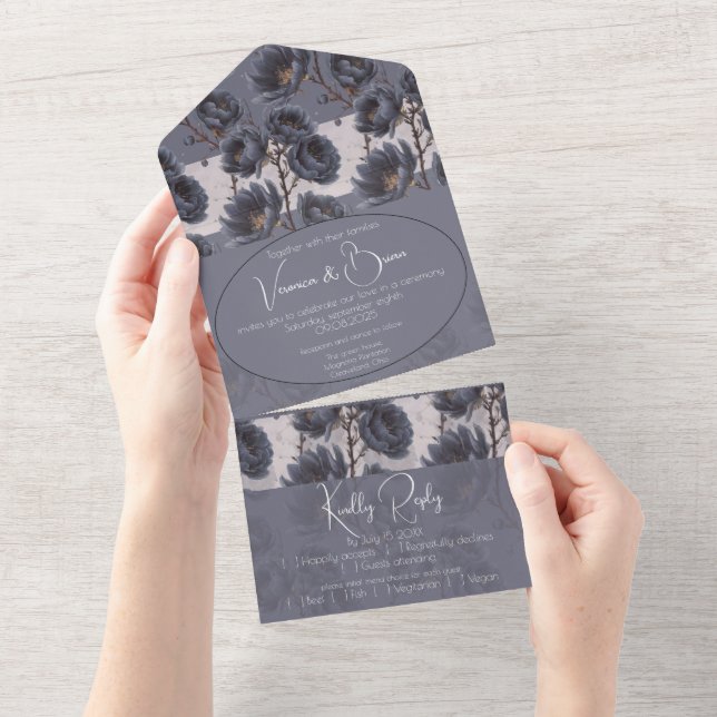 Elegant Dusty Navy Blue wedding Floral All In One Invitation (Tearaway)