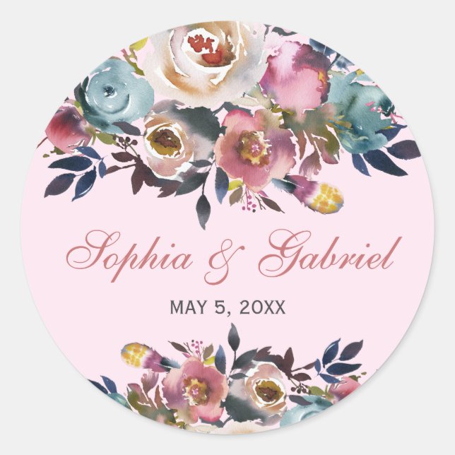 Elegant Dusty Peach Pink Blue Floral Wedding Classic Round Sticker (Front)