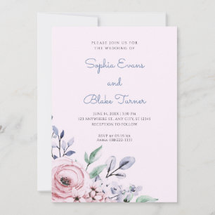 Elegant Dusty Pink and Blue Floral Pink Wedding Invitation
