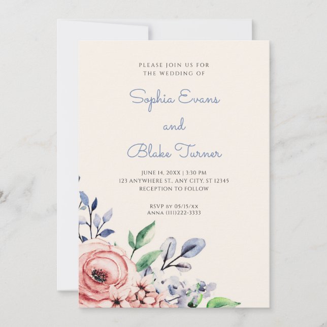 Elegant Dusty Pink and Blue Floral Yellow Wedding Invitation (Front)