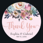 Elegant Dusty Pink Blue Floral Wedding Thank You Classic Round Sticker<br><div class="desc">Dusty peach pink and dusty blue rose floral Wedding Thank You Sticker. Modern, elegant, dusty peach pink and dusty blue rose floral arrangement with feathers watercolor floral wedding design on light pink background. Feature an elegant handwritten typography design with text „Thank You”. Great choise for romantic floral weddings. #3343 If...</div>