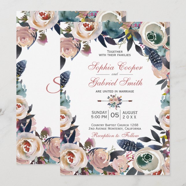 Elegant Dusty Pink Blue Floral Wreath Wedding Invitation (Front/Back)