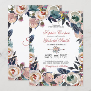 Elegant Dusty Pink Blue Floral Wreath Wedding Invitation