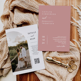 Elegant Dusty Pink Boho Arch Photo QR Code Wedding Invitation