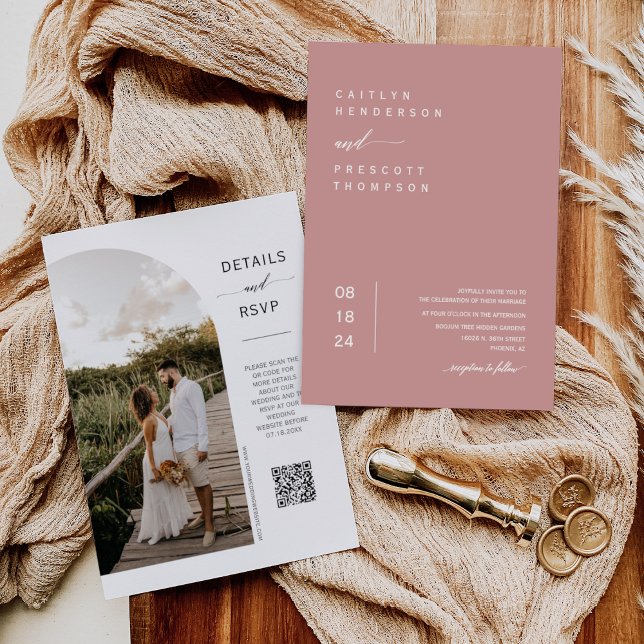 Elegant Dusty Pink Boho Arch Photo QR Code Wedding Invitation (Creator Uploaded)