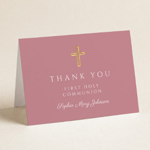 Elegant Dusty Pink Boy First Communion  Thank You Card