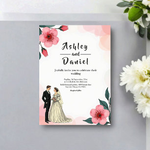 Elegant Dusty Pink Bride And Groom Floral Wedding Invitation