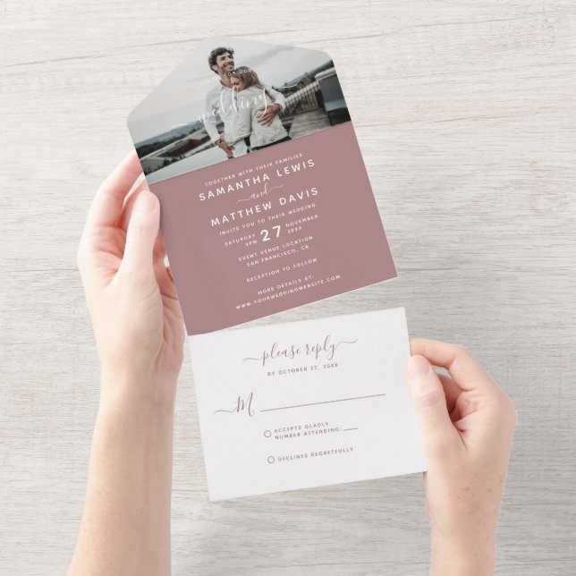 Elegant Dusty Pink Calligraphy Photo Wedding All In One Invitation (Tearaway)