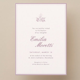 Elegant dusty pink Cross Olive Initial Baptism Invitation