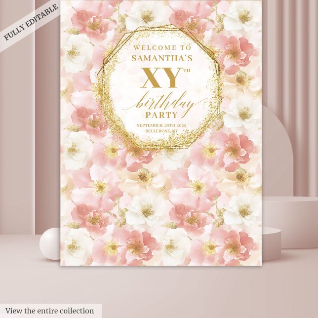Elegant dusty pink floral birthday party backdrop tapestry (Elegant dusty pink floral birthday party backdrop)