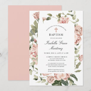 Elegant Dusty Pink Floral Cross Baptism  Invitation