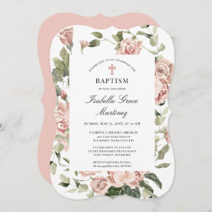 Elegant Dusty Pink Floral Cross Baptism Invitation