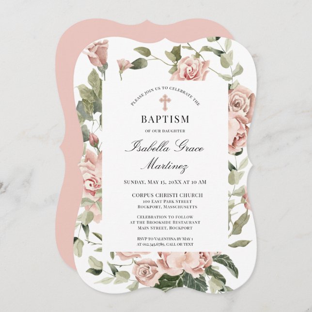 Elegant Dusty Pink Floral Cross Baptism  Invitation (Front/Back)