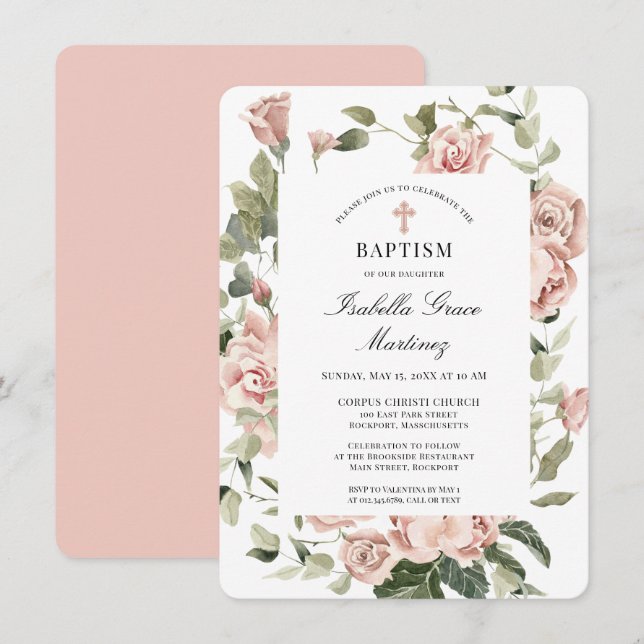 Elegant Dusty Pink Floral Cross Baptism Invitation (Front/Back)