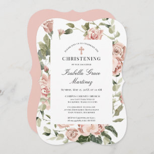 Elegant Dusty Pink Floral Cross Christening Invitation