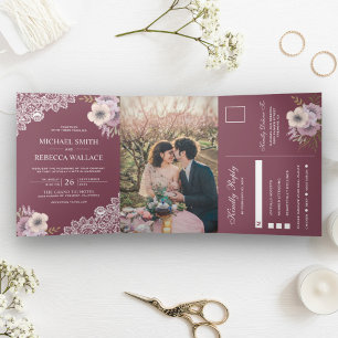 Elegant Dusty Pink Floral Lace Wedding Photo Tri-Fold Invitation