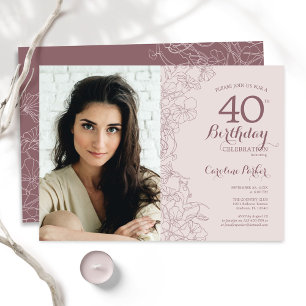 Elegant Dusty Pink Floral Photo 40th Birthday Invitation