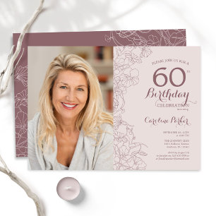 Elegant Dusty Pink Floral Photo 60th Birthday Invitation
