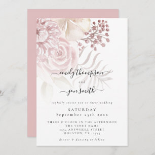 Elegant Dusty Pink Florals Script Wedding Invitation