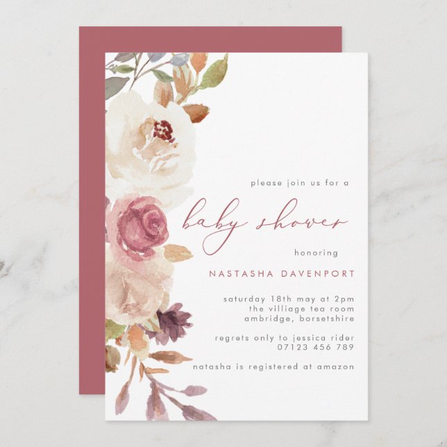 Elegant Dusty Pink  Flowers Baby Shower Invitation (Front/Back)