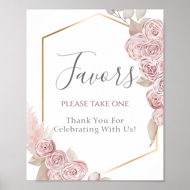 Elegant Dusty Pink Flowers Gold Wedding Favour Sig Poster (Front)