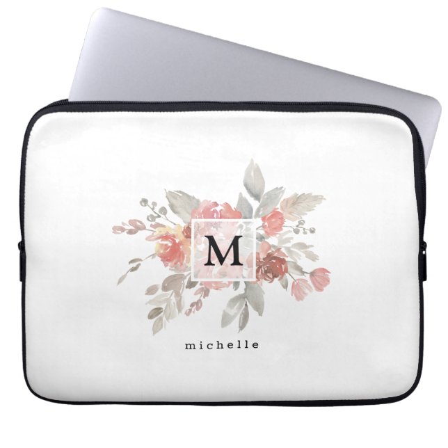 Elegant Dusty Pink Gray Flower Monogram  Laptop Sleeve (Front)