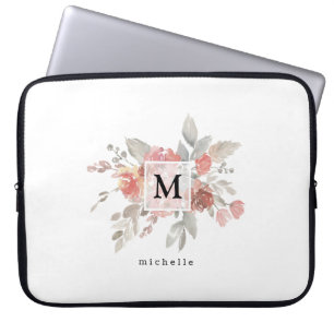 Elegant Dusty Pink Gray Flower Monogram  Laptop Sleeve
