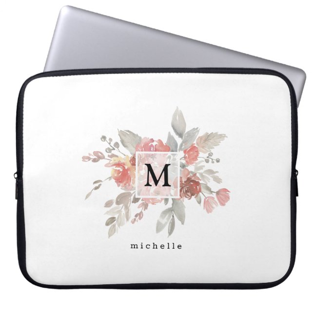 Elegant Dusty Pink Gray Flower Monogram  Laptop Sleeve (Front)