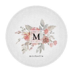 Elegant Dusty Pink Grey Flower Monogram Cutting Board