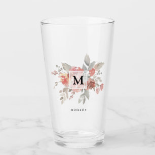 Elegant Dusty Pink Grey Flower Monogram Glass
